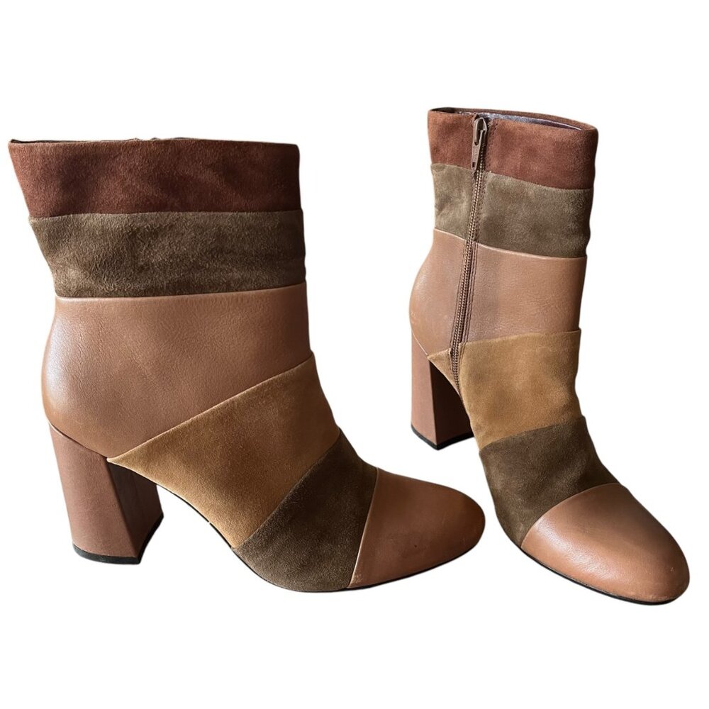 Poetic Licence Women's‎ 7.5 Tan Leather Booties Patchwork Places Heeled London - Picture 11 of 12